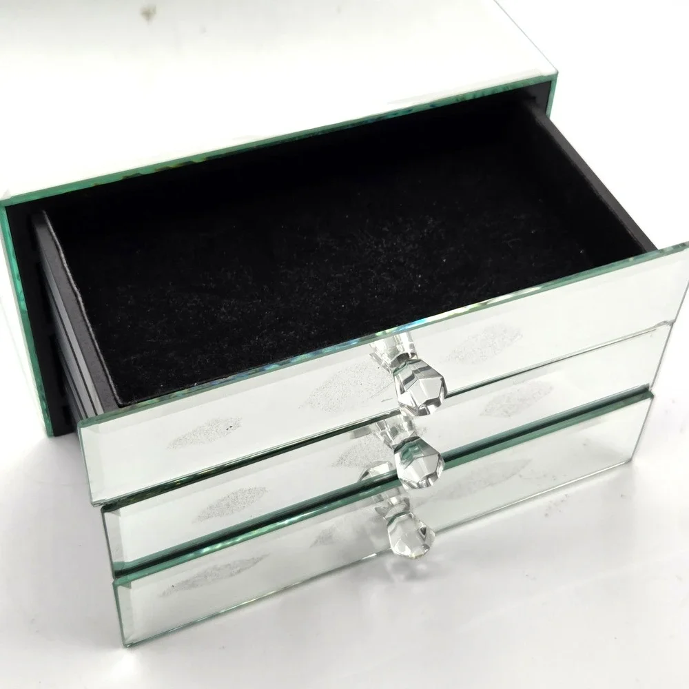 Mirrored Glass Jewelry Box 3 Drawer Black Velvet Lined 9x6x5.5